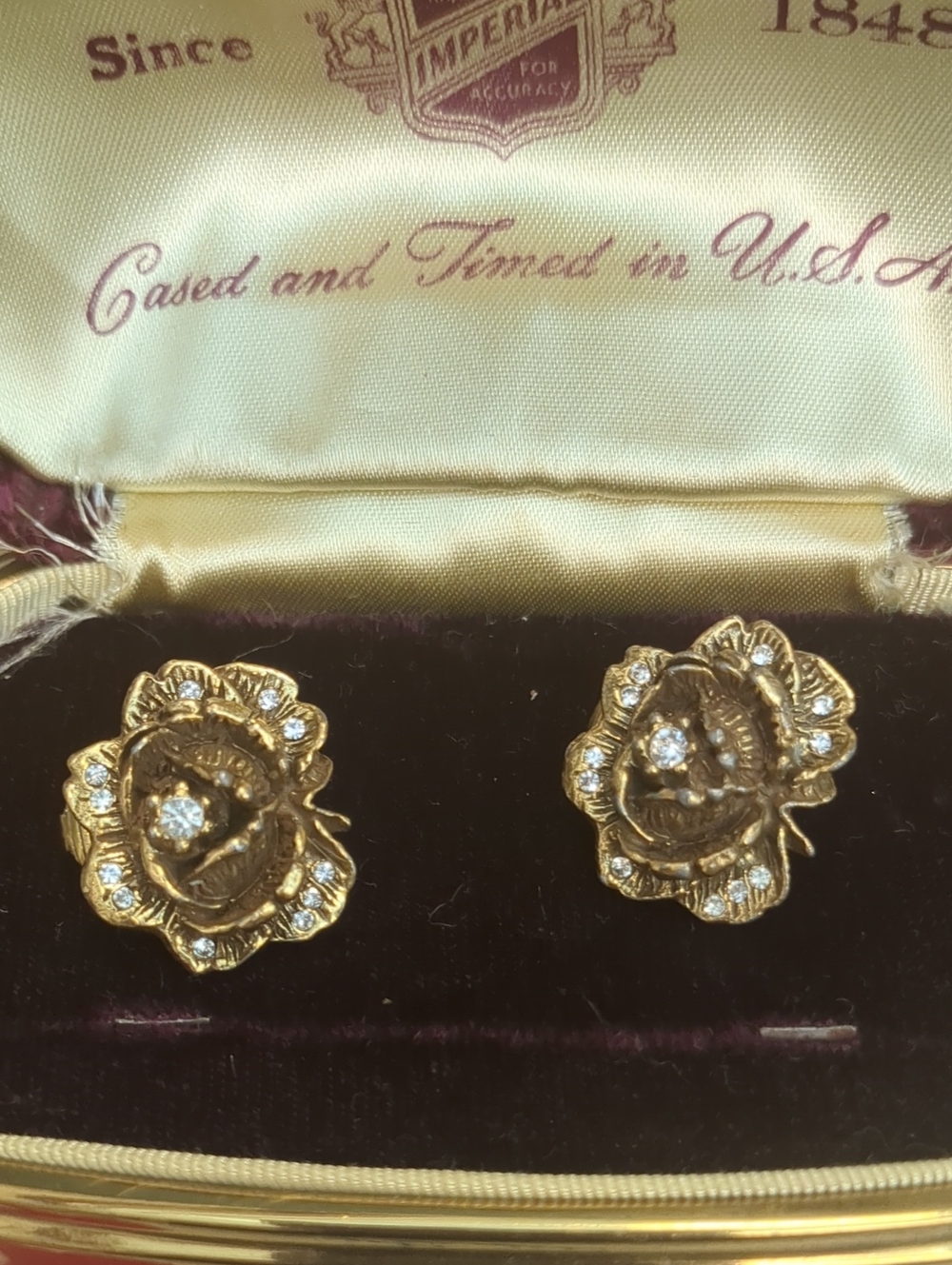 Vintage Goldette -Rose And Rhinestone Clip Earrings